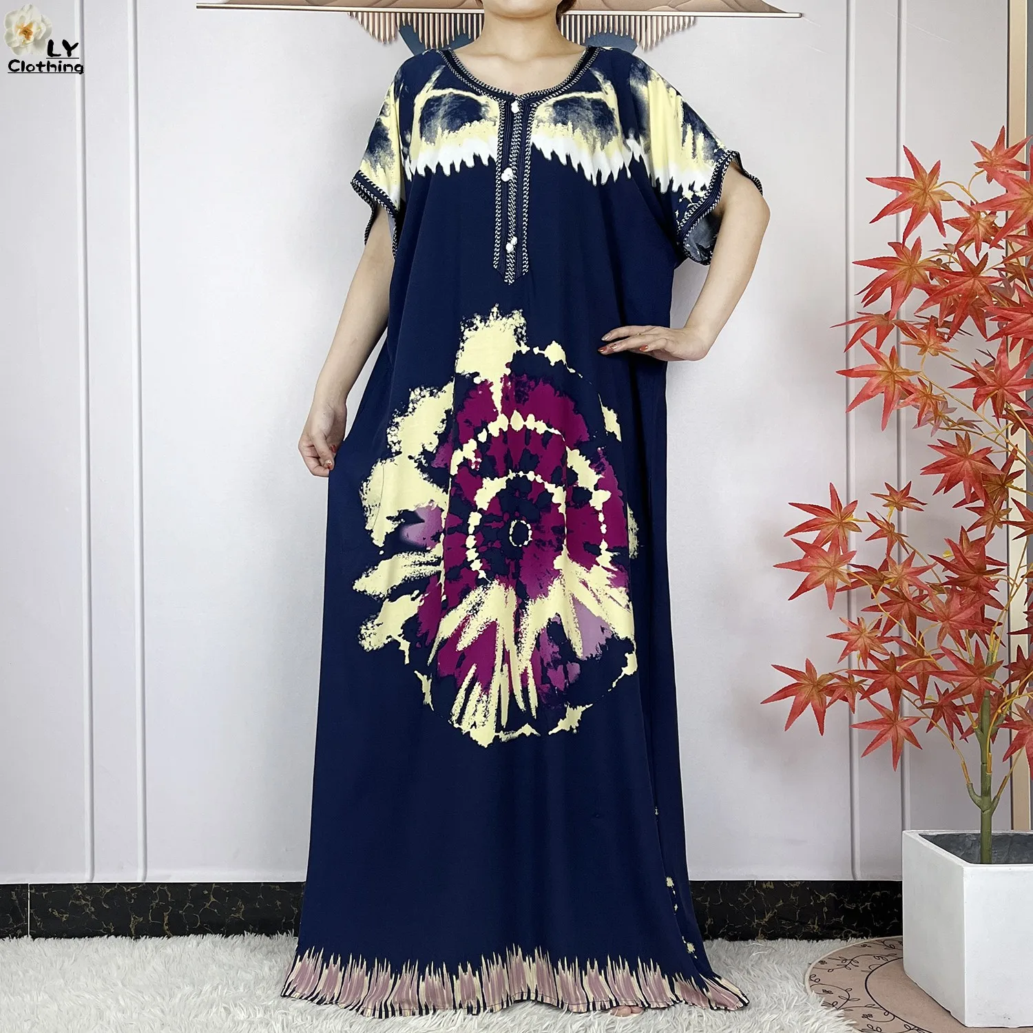 Latest African Muslim Femme Clothing Summer Short Sleeve Elegant Dress Fashion Floral Loose Boubou Maxi Islam Women Casual Dress