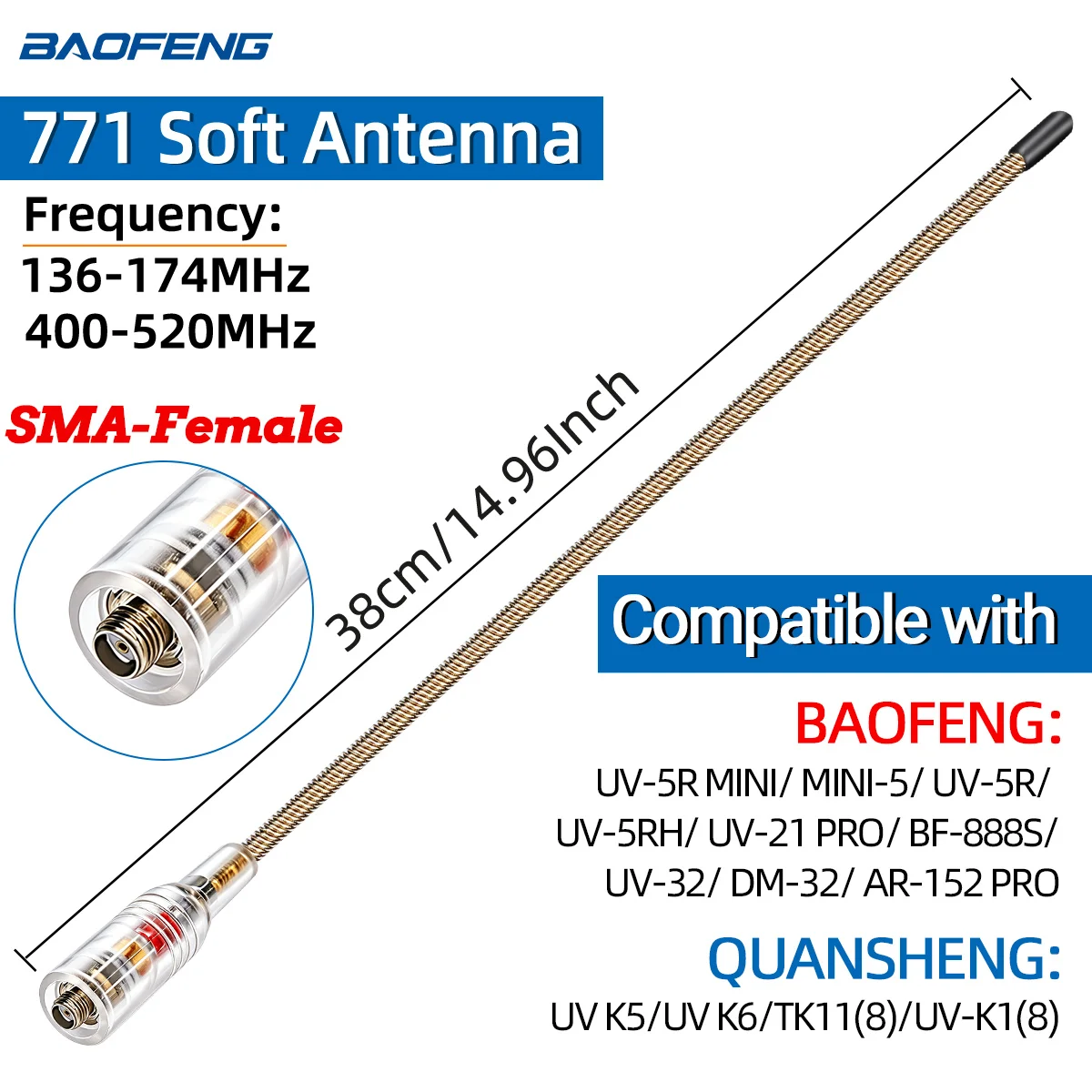ABBREE New Transparent AR-771 High Gain Antenna UHF VHF SMA Female For Baofeng BF-888S Pro UV-5R Mini For Quansheng UV K5 (8) K6