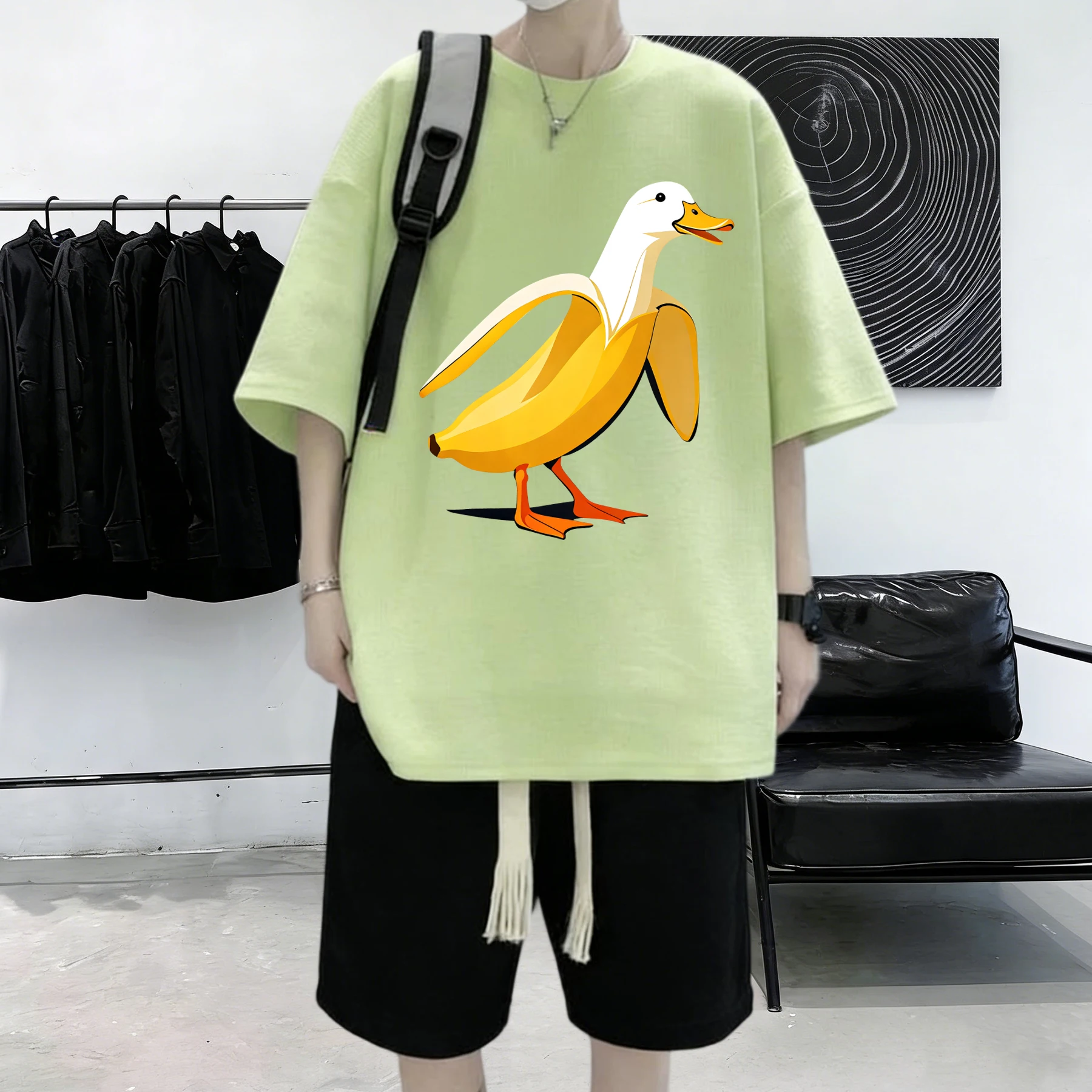 The Combination Of Banana And Duck Print Cotton Breathable Summer Tee Shirts Mens Soft Sport Short Sleeve Trendy Street Clothes