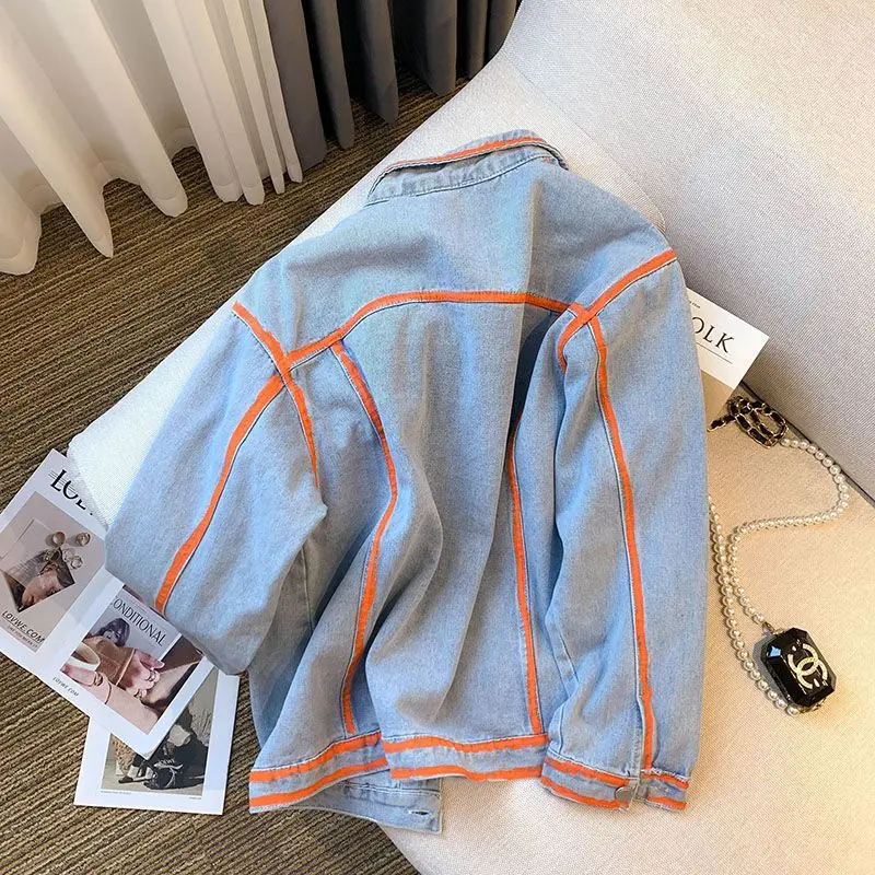 Retro ผู้หญิงลาย Graffiti Contrasting สี DENIM แจ็คเก็ตฤดูใบไม้ผลิฤดูใบไม้ร่วงมือทาสีกางเกงยีนส์ PLUS ขนาดคาวบอยเสื้อสเวตเตอร์ถัก