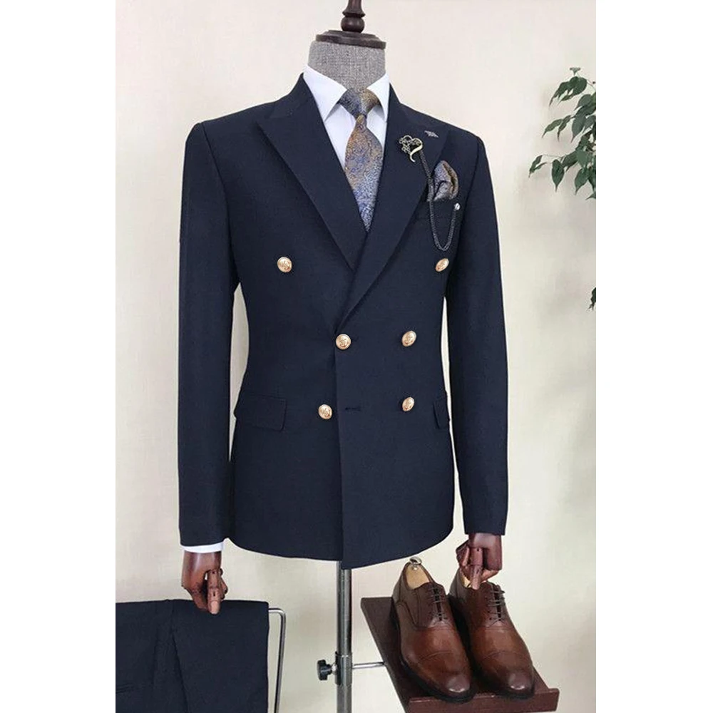 2024 Navy Blue Suits for Men Double Breasted Peak Lapel Formal Business Outfits 2 Piece Jacket Pants Casual Terno Male Clothing