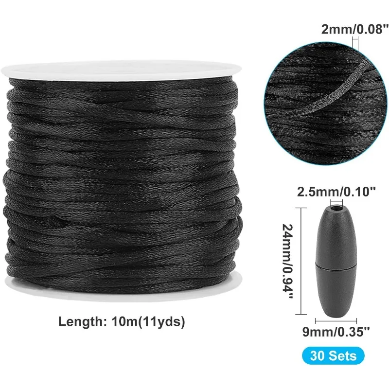 Breakaway Clasp for Lanyard, 30 Set Black 24mm Plastic Barrel Connectors Safety Clasps with 10m 2mm Nylon Lanyard String Cord