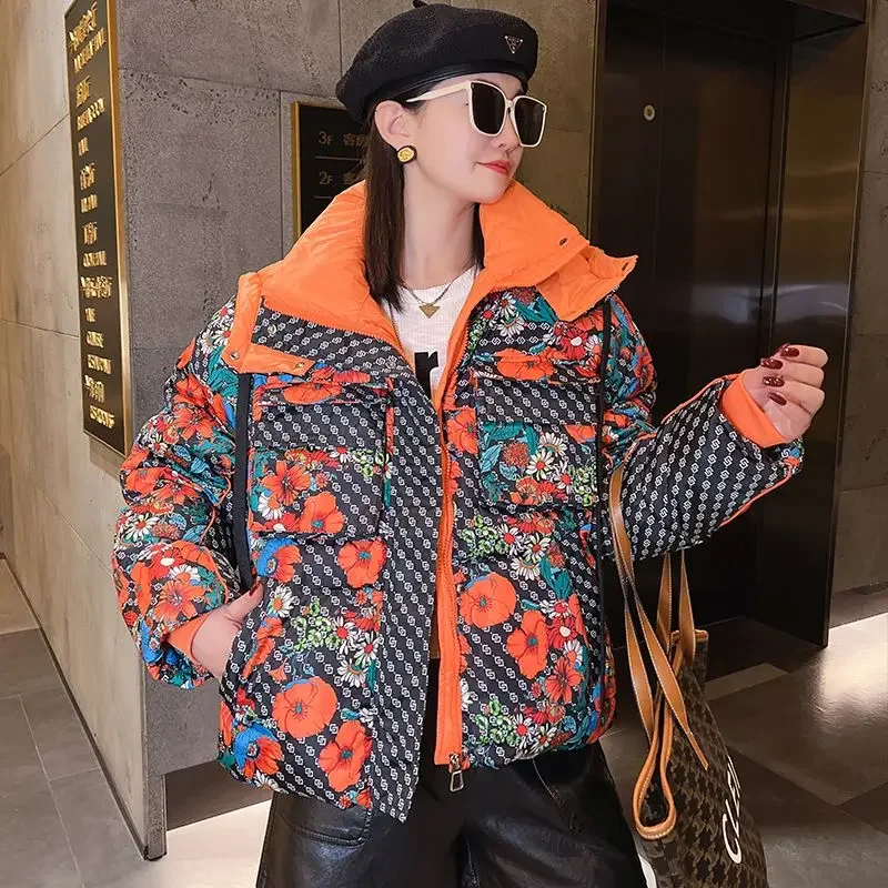 Print High-End Quality Hoody Down Jacket 2024 New Women White Down Cotton Jacket Student Fried Street Winter Thick Coat Oversize