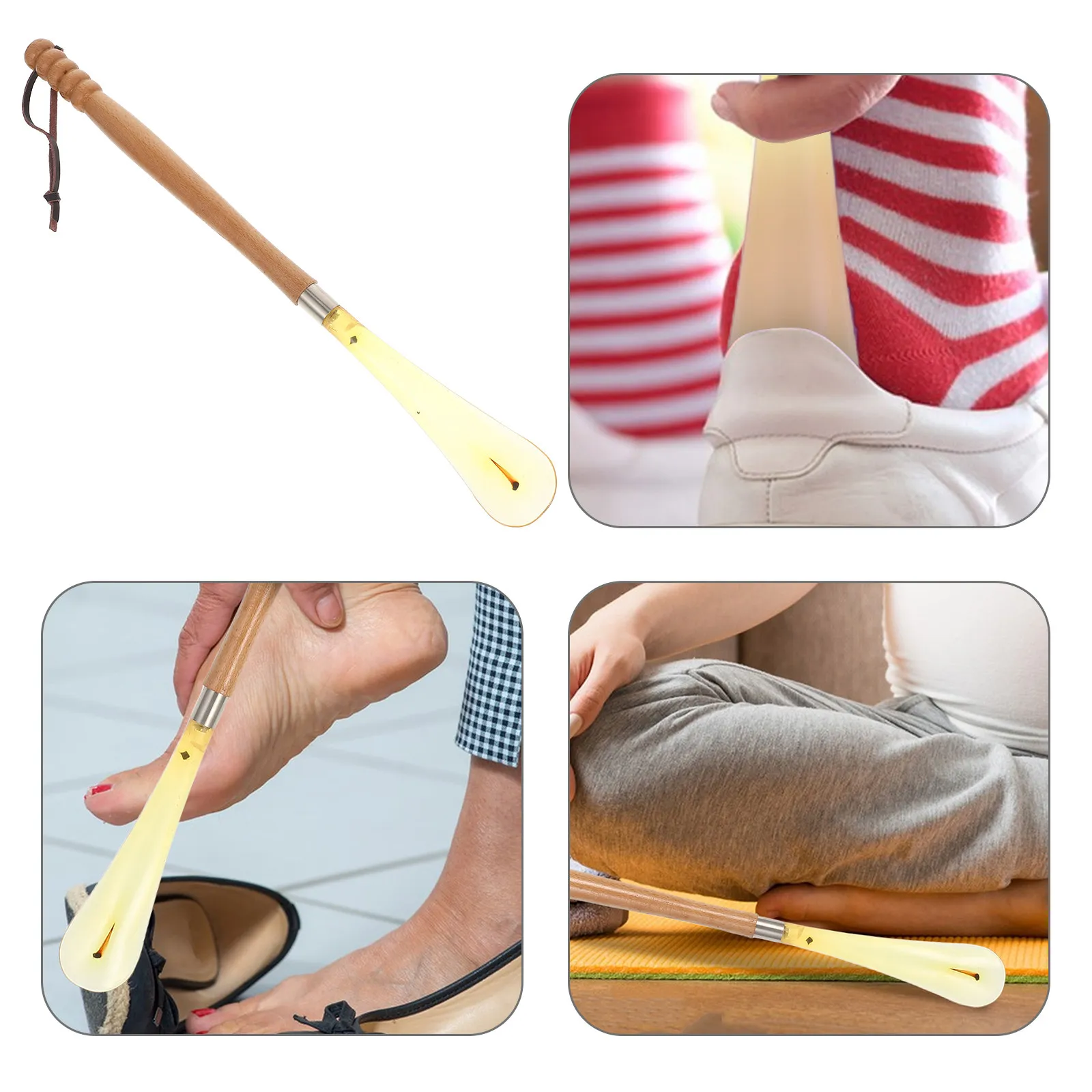 Chausse-pied ergonomique en résine légère avec poignée en bois et trou de suspension, pour femmes enceintes, seniors et enfants
