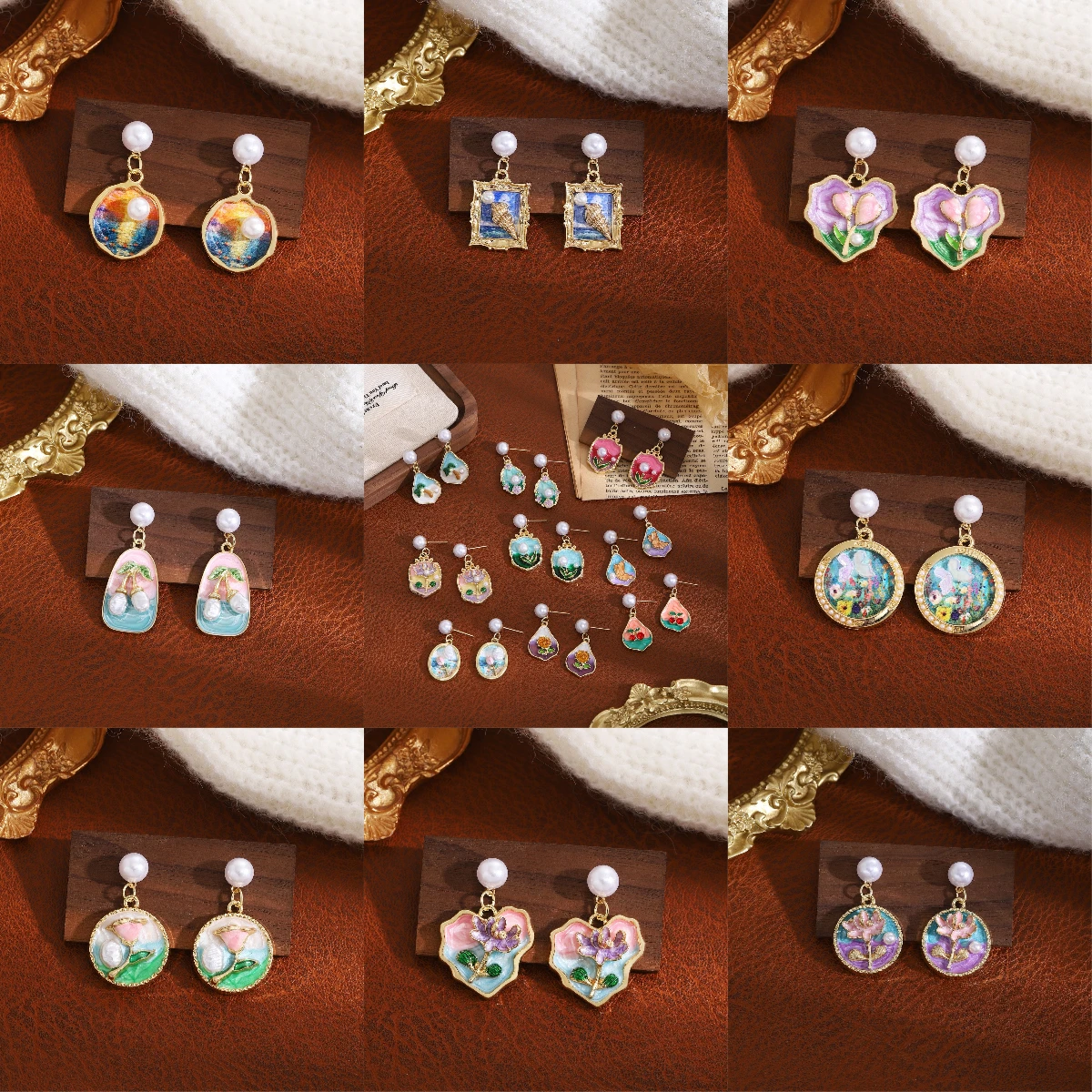 French retro drip oil three-dimensional earrings, flower heart pearl earrings, garden sweet girl versatile earrings