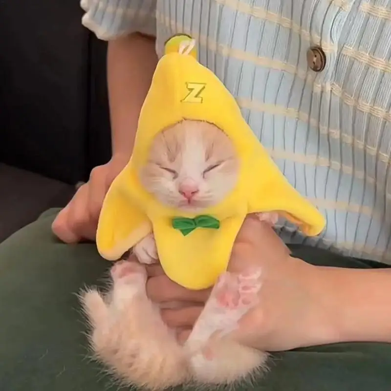 Cat Costume Banana Hat Adorable Pet Headwear Hood Cat Caps Funny Cosplay Prop Halloween Apparel For Small Dogs Kitten Cats