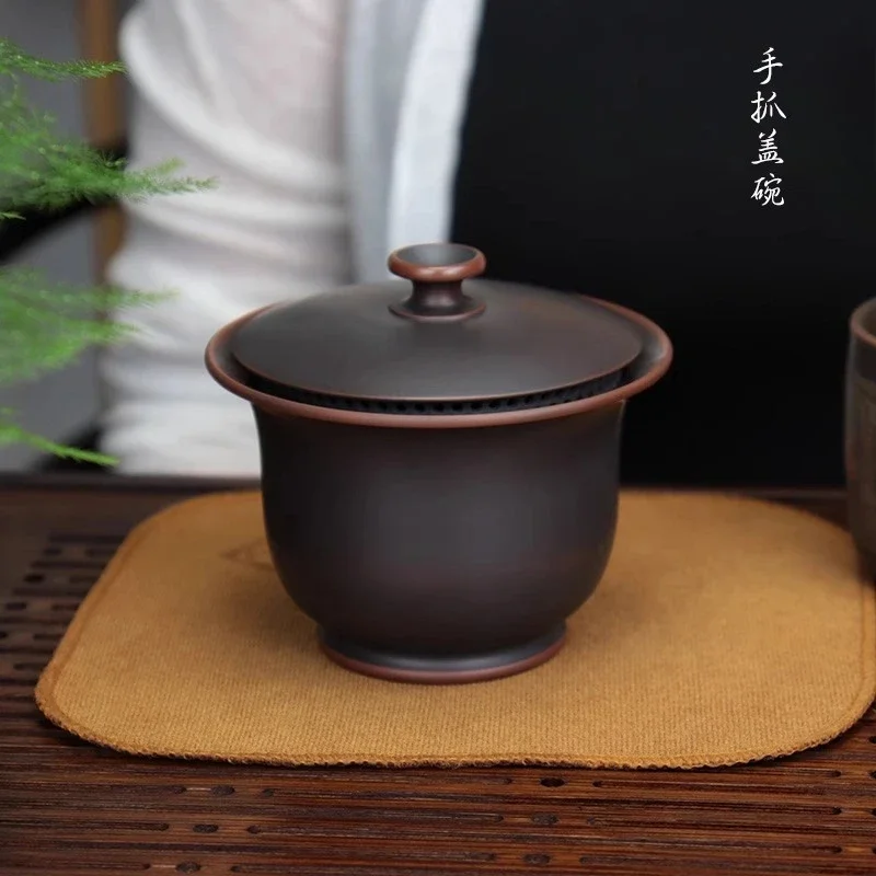 

170ml Handmade Qinzhou Nixing Pottery Gaiwan Antique Full Hole with Filter Handheld Tea Tureen Tea Making Cover Bowl Teaset Gift