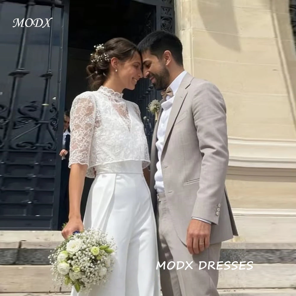 MODX Customized 2 Pieces Wedding Set Civil Wedding Jumpsuit and Lace Tops Elegant Bridal Wedding Evening Party Dress Prom Gown