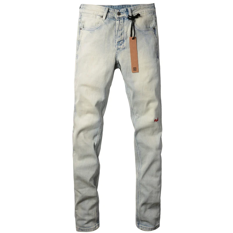 Washed Light Color KSUBI Cross Jeans High Street Men's Stretch Slim Jeans Vintage Embroidered Logo Straight Leg Denim Trousers