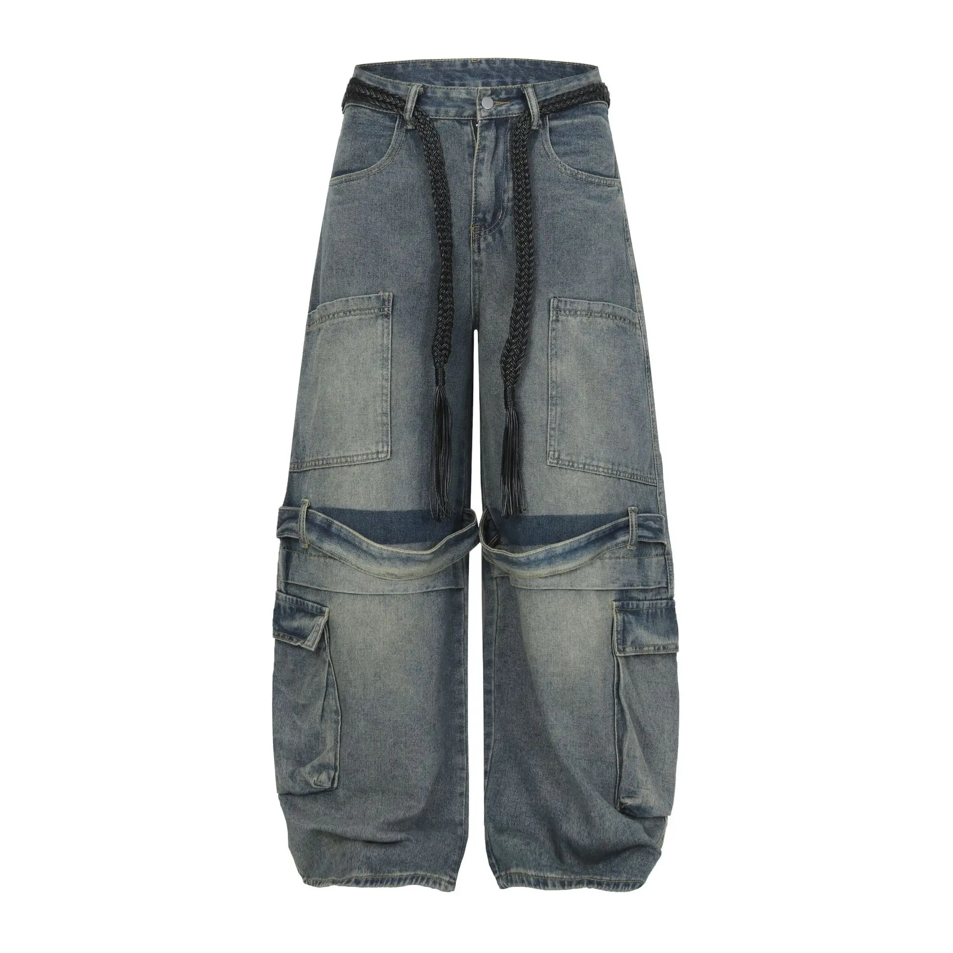 Men's Vibe Style Jeans Pants Fashion High Street Oversized Hip Hop Denim Trousers Loose Fit Wide Leg Jeans With Multi Pockets