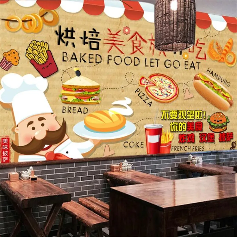 European Retro Bread Pizza Burger Wall Paper 3D Baking Cafe Milk Tea Dessert Shop Industrial Decor Background Mural Wallpaper 3D