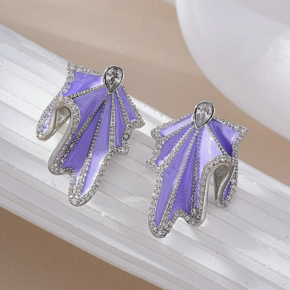 

3D Copper Violet Leaf Earrings - Conical Zircon Blade Cluster Large Zircon Relief White Layer