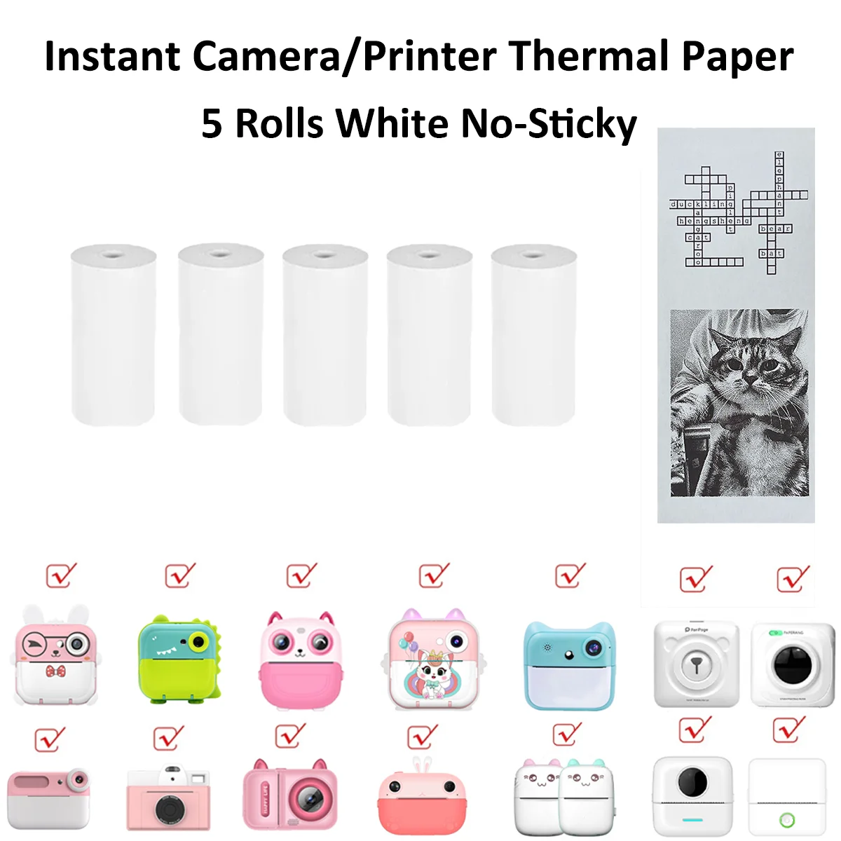 White Non-Adhesive BPA-Free Thermal Paper Eco-Friendly Safe for Kids Instant Cameras/Portable Printers, Photo Crafts/Home Labels