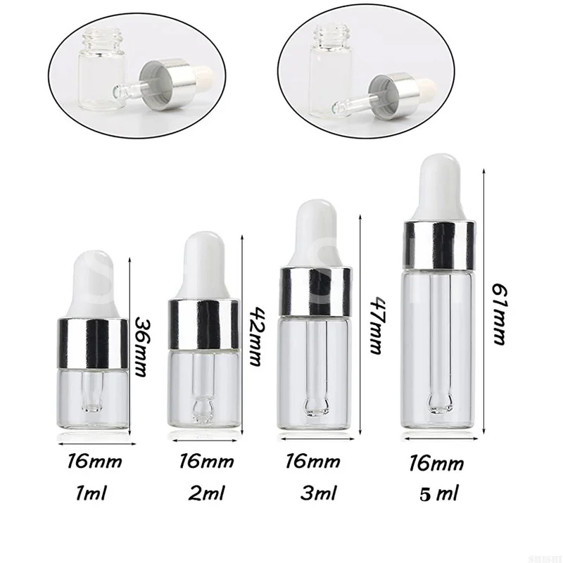 Botellas cuentagotas de vidrio para muestras de aceites esenciales, contenedores vacíos para cosméticos DIY, viales de muestra de viaje, 1ml, 2ml, 3ml, 5ml, 20/30/50 Uds.