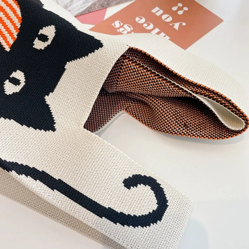 10PCS Handmade Knitted Wristlet Knitted Bag Casual Colourful Tote Student Reusable Shopping Bag  Korean Cat Tote Bag