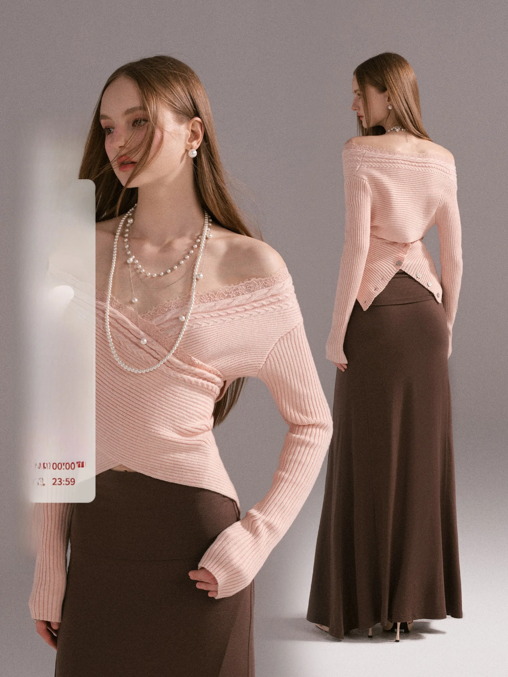 

M Studio Cross Ba oulder Baring Knitted Sweater Women's Faionable Ele Pink Spring Autumn Knitwear Long Sve