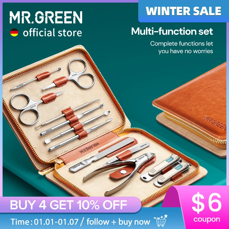 MR.GREEN Maniküre-Set, 12-in-1, voll funktionsfähiges Kit, professionelle Pediküre-Sets aus Edelstahl mit tragbarem Lederetui, Idee als Geschenk