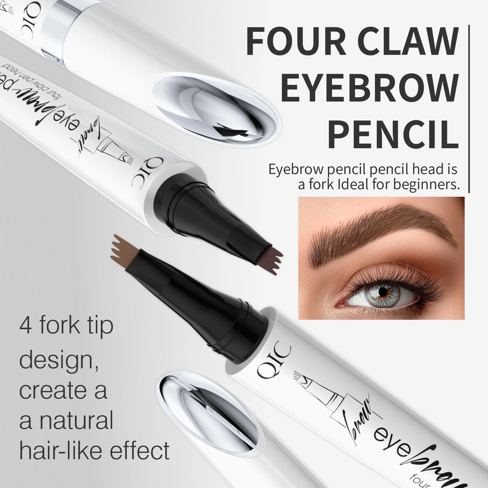 QIC Waterproof Microblading Eyebrow Pen - 4 Split Head, Natural Look Brow Makeup in 4 Colors for All Skin Types