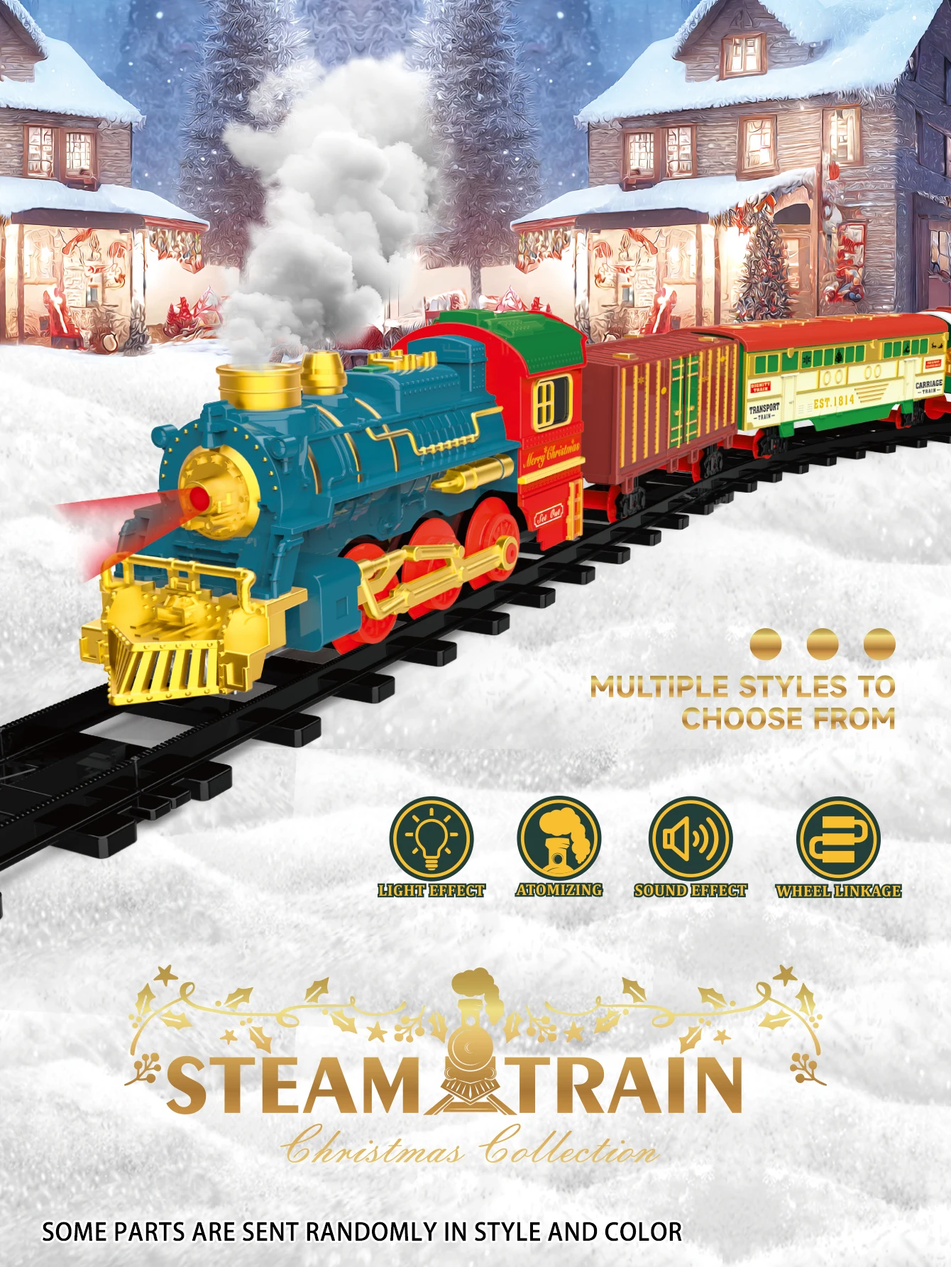 

Classic steam children's electric rail train set, with train simulation sound, Christmas music, with spray