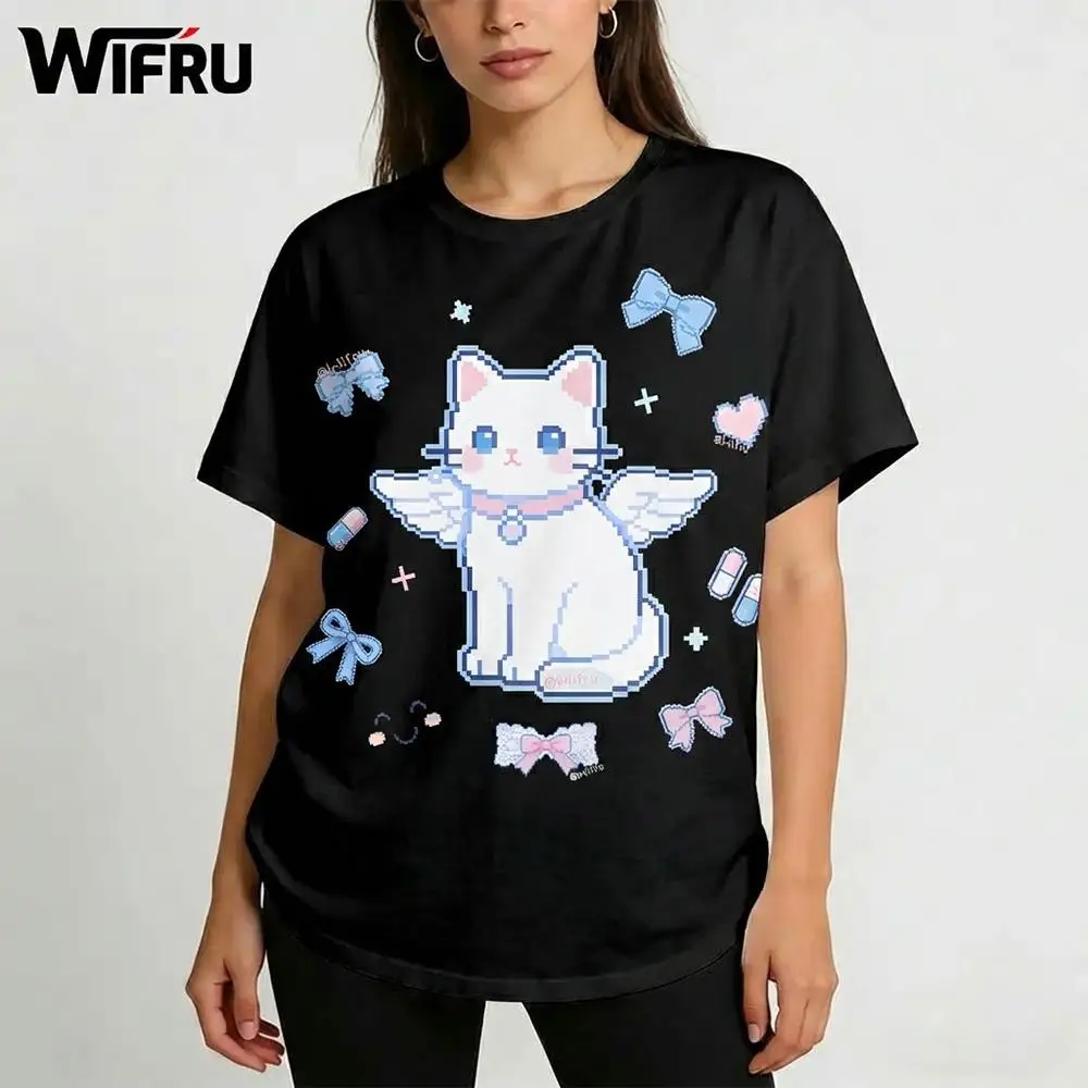 

Funny Pixel Angel Cat T-shirts Women's Y2K Harajuku 3D Print Tee Cute Kitten Bow Graphic Tops Casual Streetwear Short Sleeve