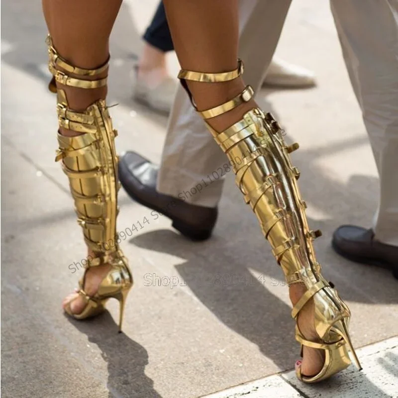 

Gold Hollow Design Buckle Decor Open Toe Boots Back Zipper Women Shoes Thin High Heels Fashion Runway 2025 Zapatos Para Mujere