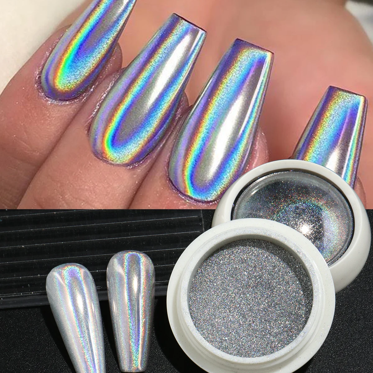 1 صندوق مسحوق أظافر ثلاثي الأبعاد كروم ليزر فضي مرآة سحرية مسمار بريق معدني تأثيرات لامعة فرك رقائق الغبار #2