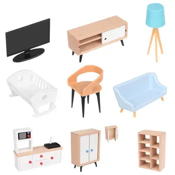 1:12 인형 집 가구 목재 미니어처 캐비닛 침대, 소파, 의자, TV, 여아용 인형 집 액세서리, 놀이 선물 척
