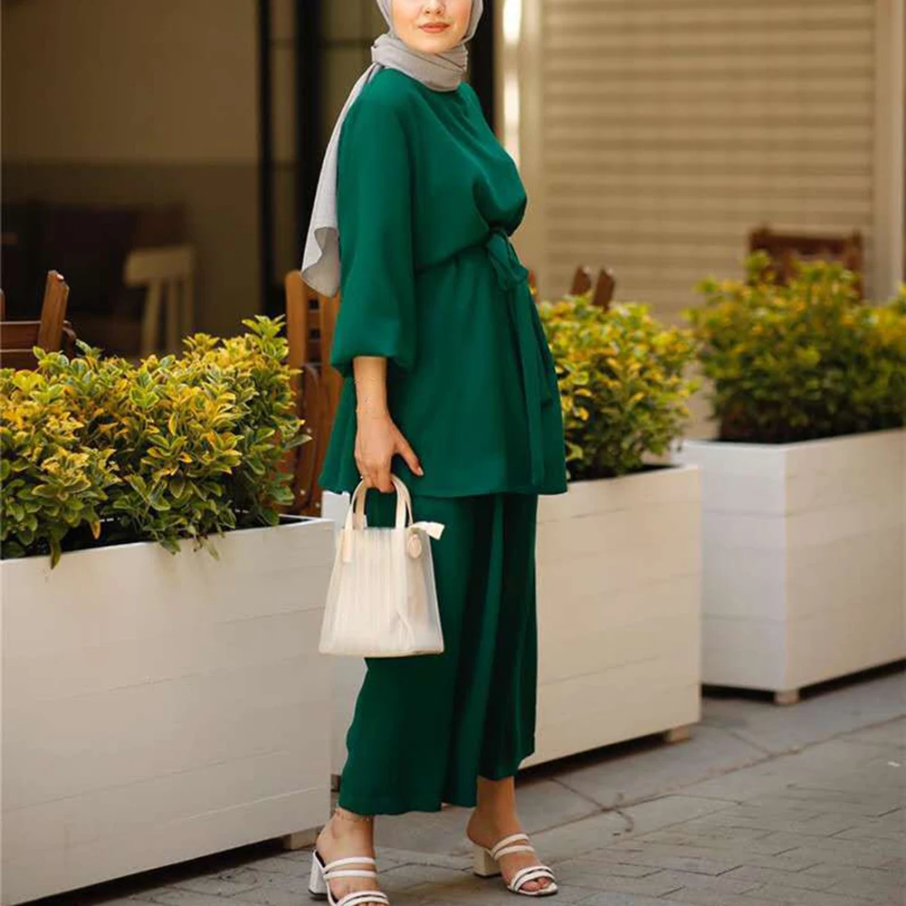 Muslim Fashion For Work Muslim Women Abaya Set Women Office Outfit Spring Waist Solid Color Female Muslim Sets