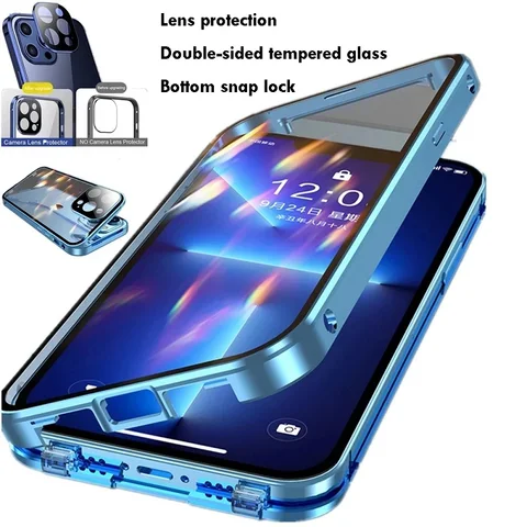 360 ° tam koruma Metal manyetik çift taraflı cam yapış kilit durumda iPhone 15 için Pro Max 14 12 11 13 Pro Max artı tampon kapak