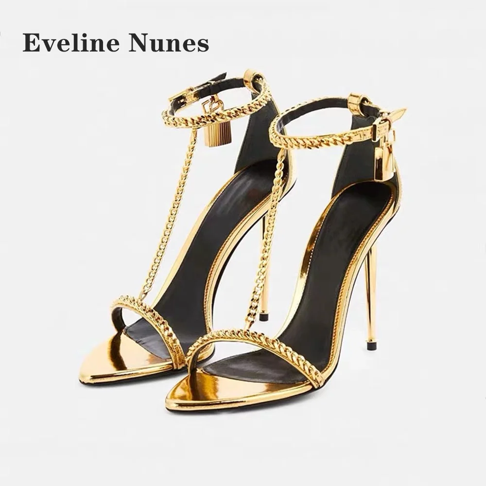 Padlock Chain Gold T-Strap Sandals One Word Belt Big Size Runway Show Shoes Pointed Toe Stiletto Solid Sexy Women High Heels