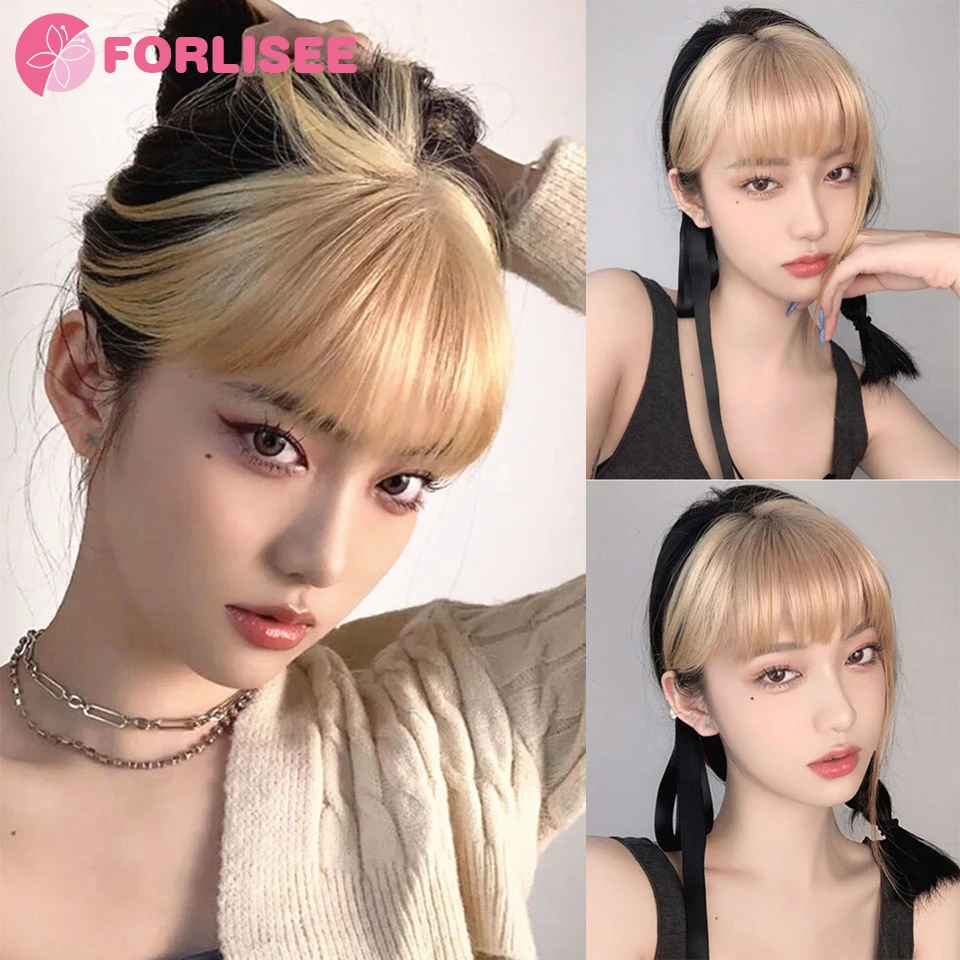 FORLISEE Synthetic 3D French Bangs Wig With Natural And Seamless Forehead Invisible Pink Highlights Top Hair patch Air Bangs