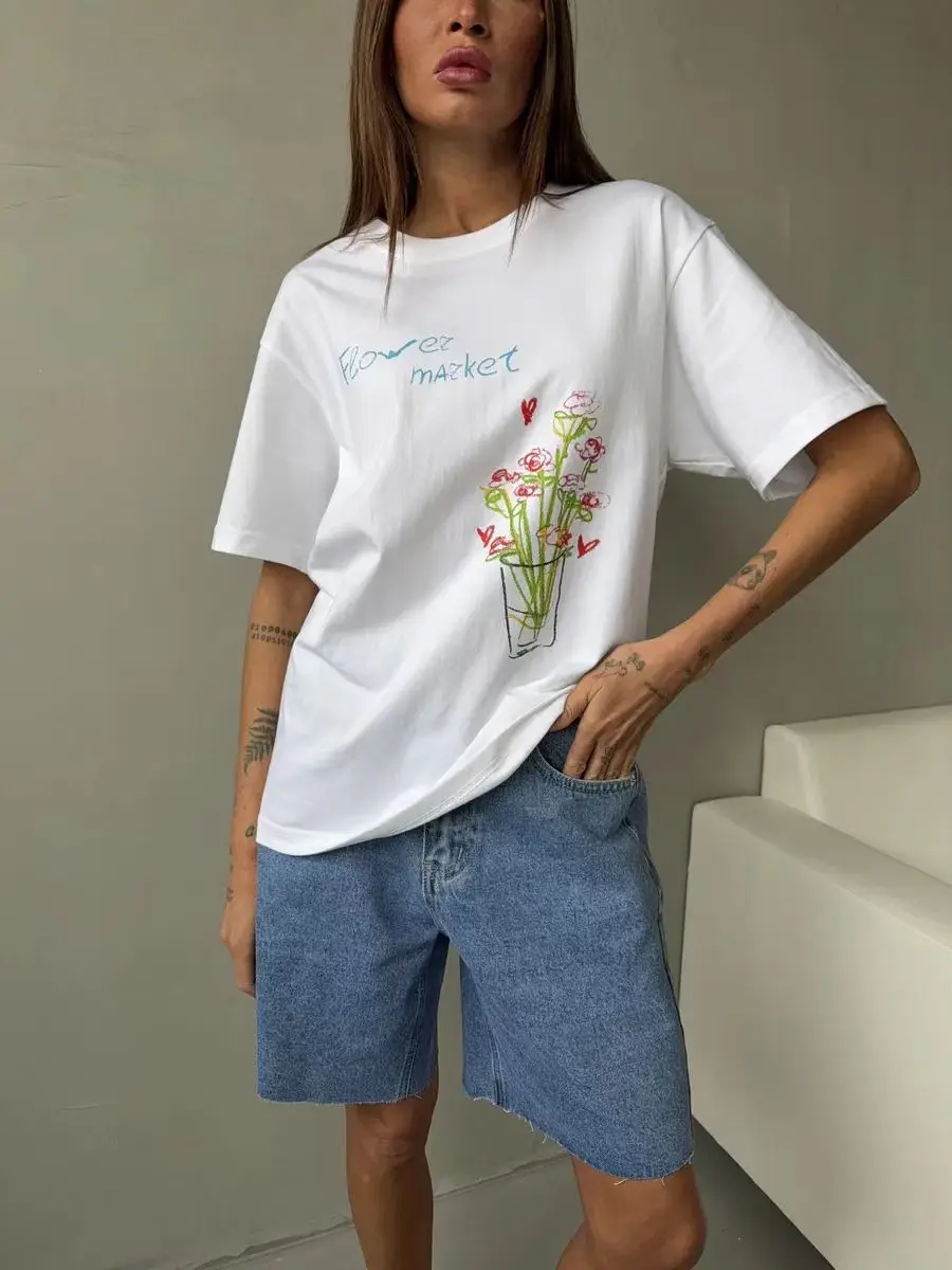 Flower Market Print Beautiful Flowers American Retro 100% Cotton Soft Comfort Tshirt for Women All-match Short Sleeve Summer Tee