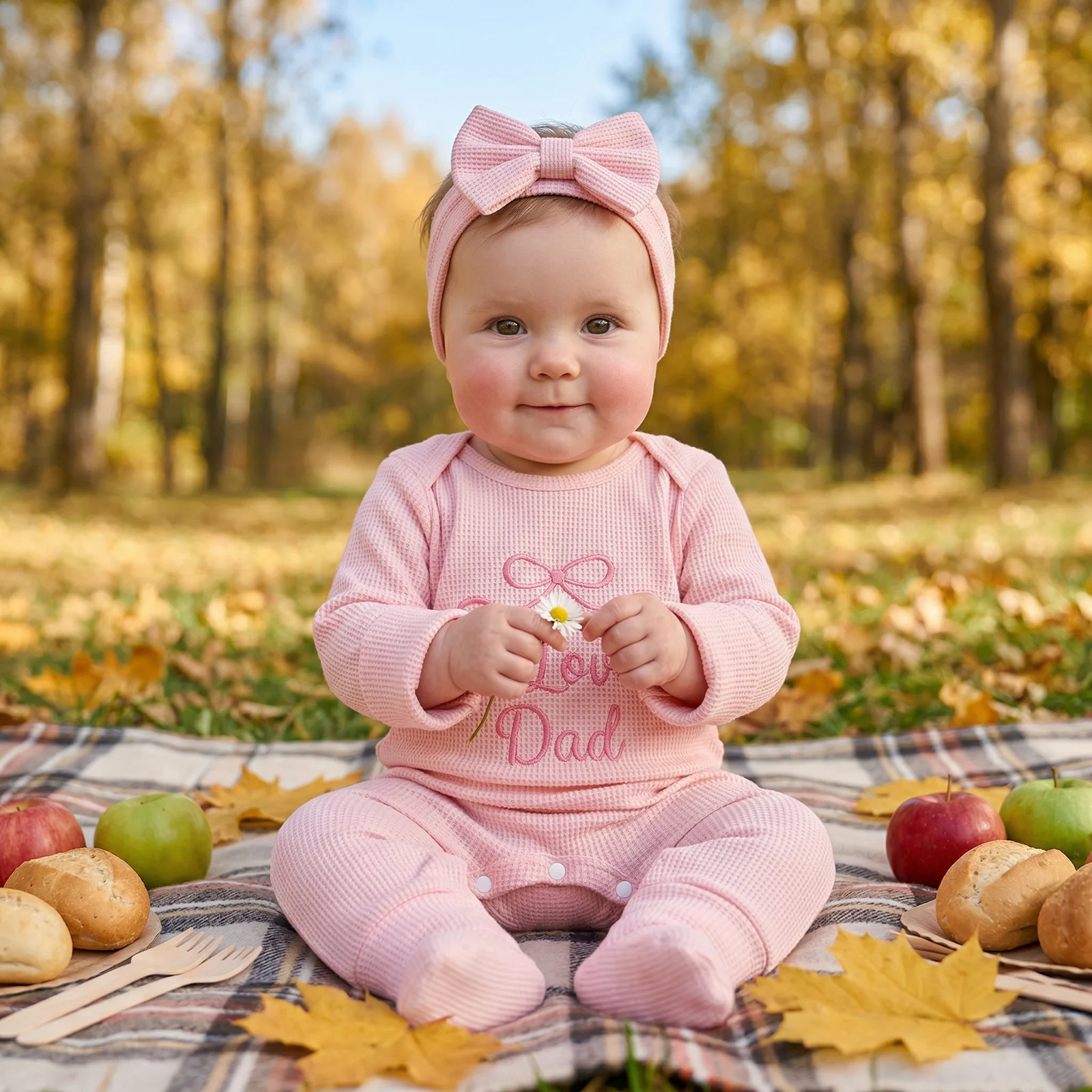 Newborn Baby Girl Father’s Day Waffle Jumpsuit Spring Long Sleeve Crew Neck Bow Letter Embroidery Romper with Headband Set