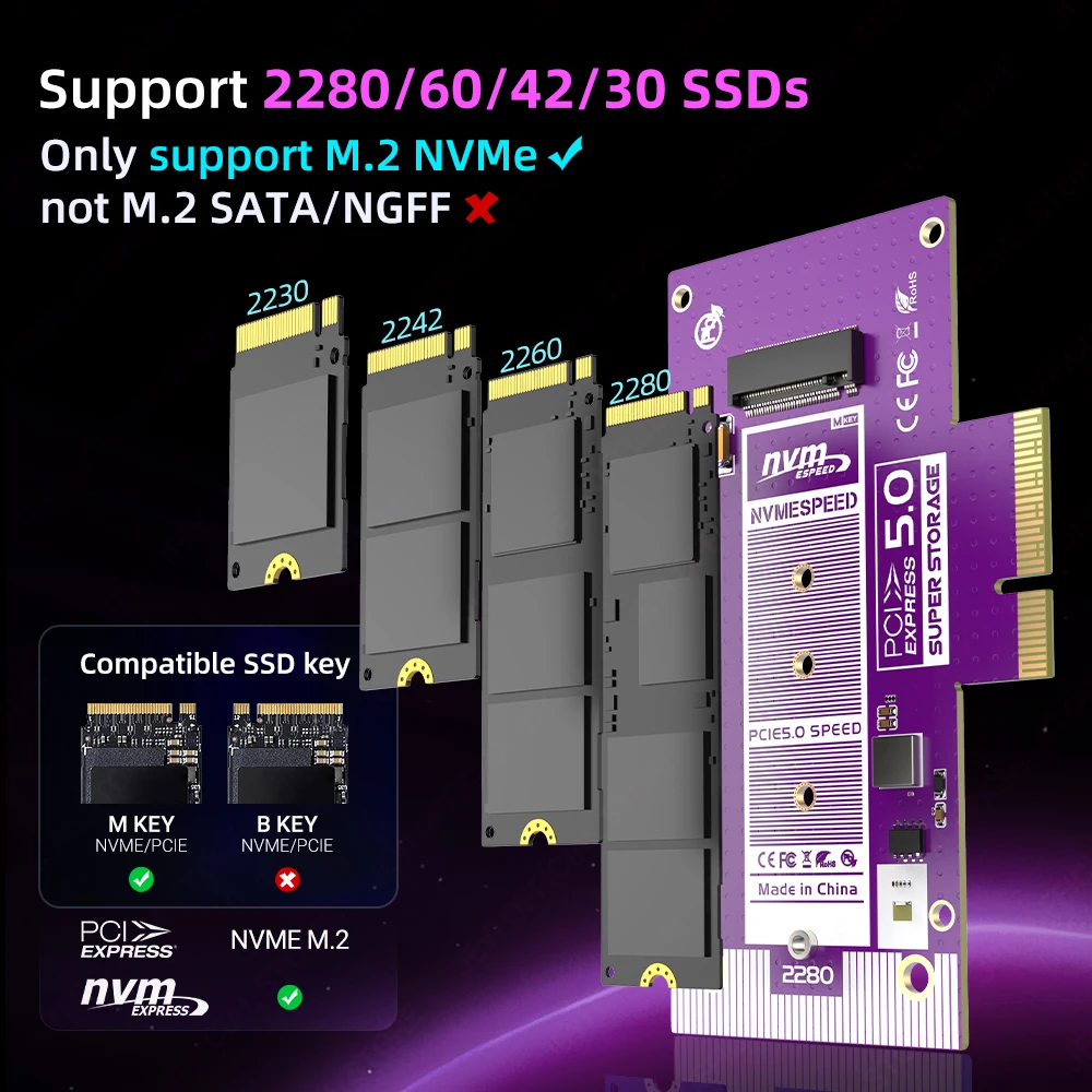 JEYI PCIe 5.0 to M.2 NVMe Adapter Card, High-Speed PCIe X4/X8/X16 to M2 SSD Converter with Cooling Heatsink for Gen5 SSD 128Gbps