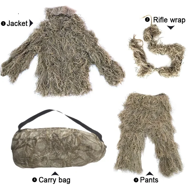 ชุด Ghillie หญ้าเหี่ยว 3 มิติ - เสื้อผ้าล่าสัตว์ลายพรางยุทธวิธีทหาร Sniper