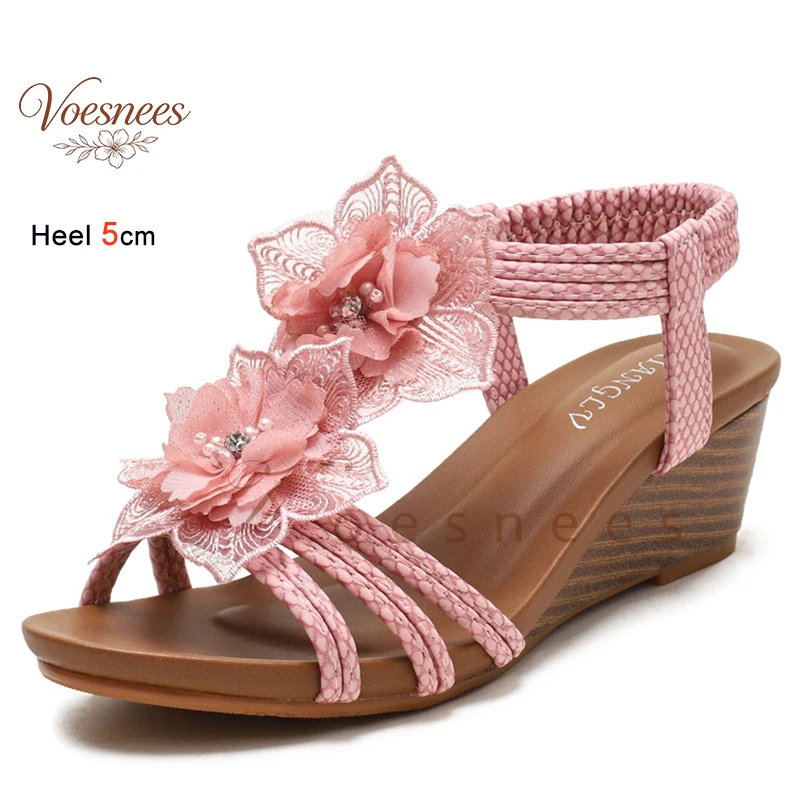 

2026 3D Floral Women's Sandals Elastic Ankle Strap Open Toe Non Slip Bohemian Beach Summer Wedge Heels 5cm Casual Vacation Shoes