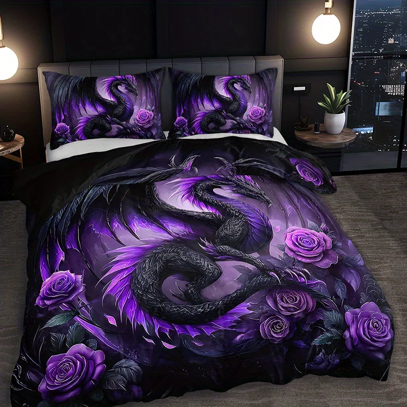 

[Постельное белье в готическом стиле] 2/3 шт. Комплект постельного белья с темно-фиолетовым драконом и розой, 1 пододеяльник + 1/2 наволочки) Рождественский подарок