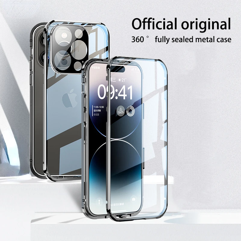 

Metal Double Sided Glass Case For iPhone 15 14 13 12 11 Pro Max 14 Pro 360 Full close HD lens Safety Lock Cases Protection Cover