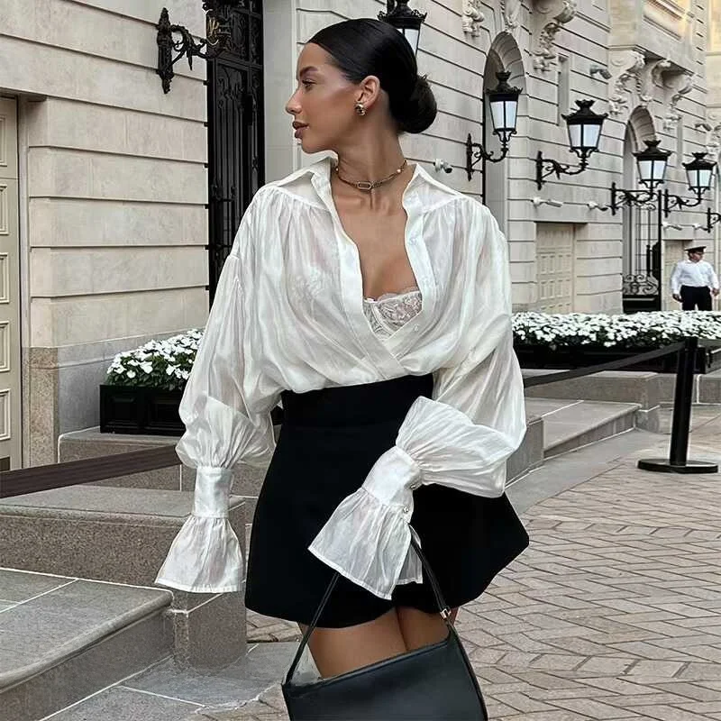 

Sweet Fre Loose Lantern Sve irt Autumn New Sle Turn-down Collar Women's Busin Casual Long Sve Midi irt