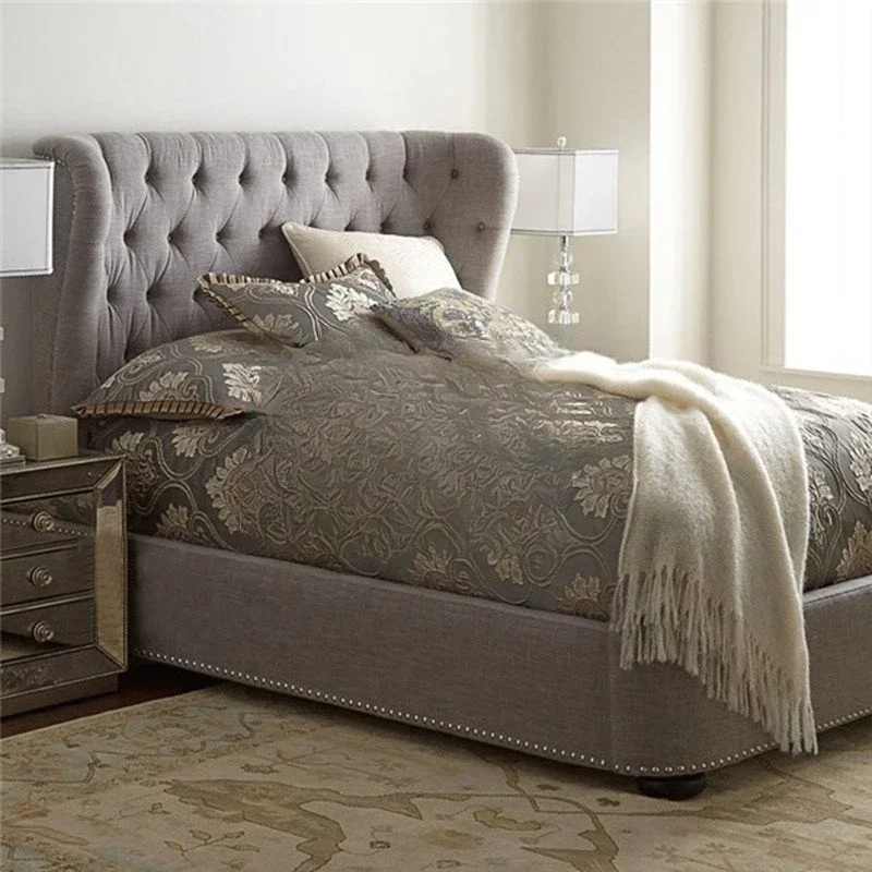 American fabric box double bed furniture modern pull button bedroom soft bag storage queen marriage bed