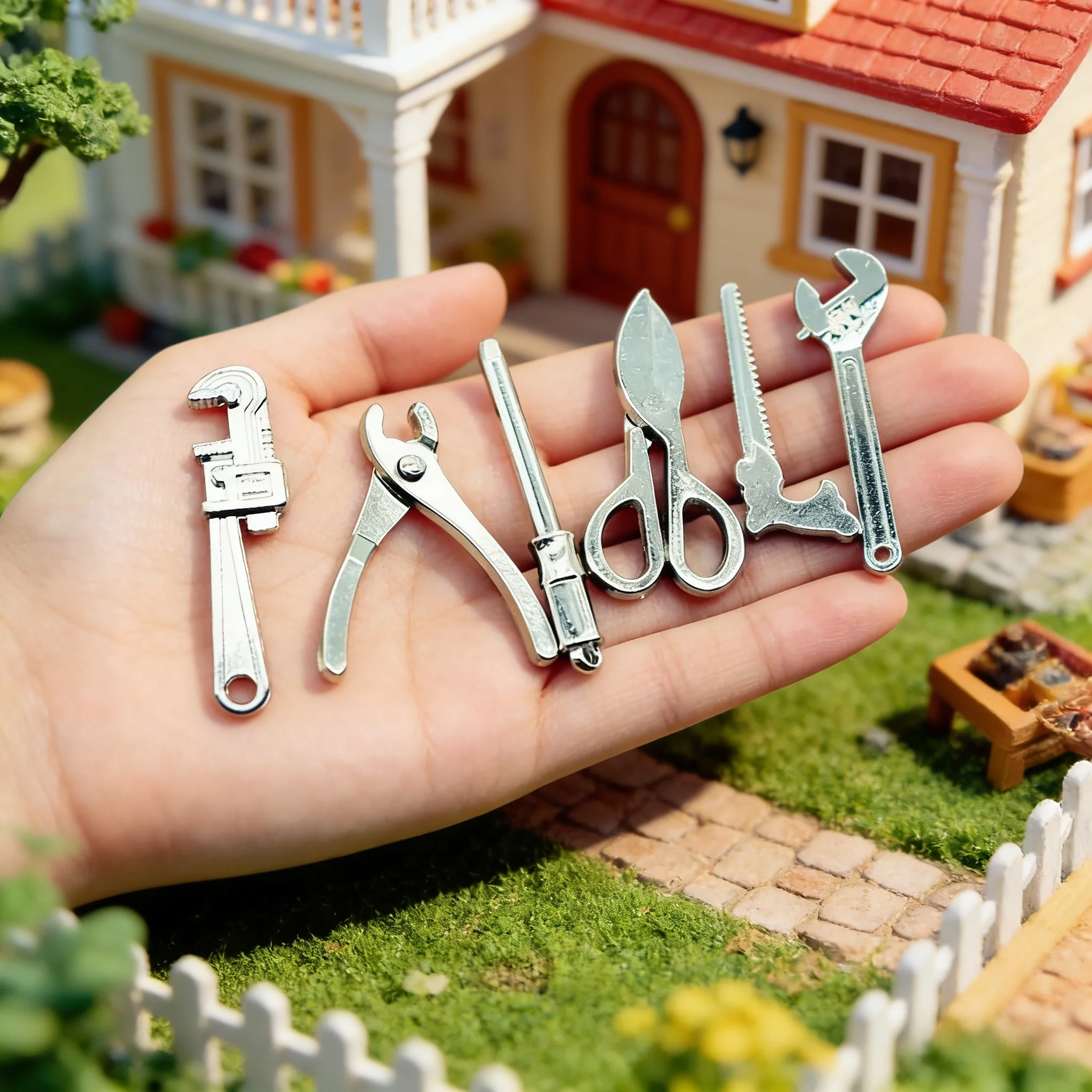 6-teiliges 1:12 Puppenhaus Mini-Legierungsset Miniatur-Reparaturmodell Verstellbarer Schraubenschlüssel Zangen Werkzeuge Szenenrequisiten Puppenhaus Deko Spielzeug Geschenk