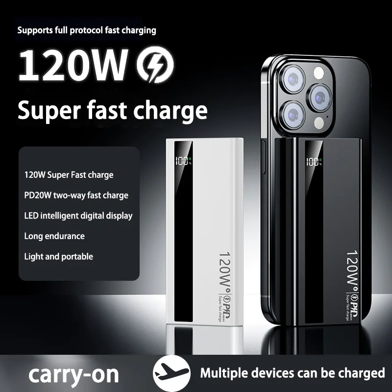 باور بانك Xiaomi 200000mAh بقدرة 120 وات، شحن سريع، محمول عالي السعة، بطارية خارجية رفيعة للغاية لهاتف iPhone وSamsung وHuawei