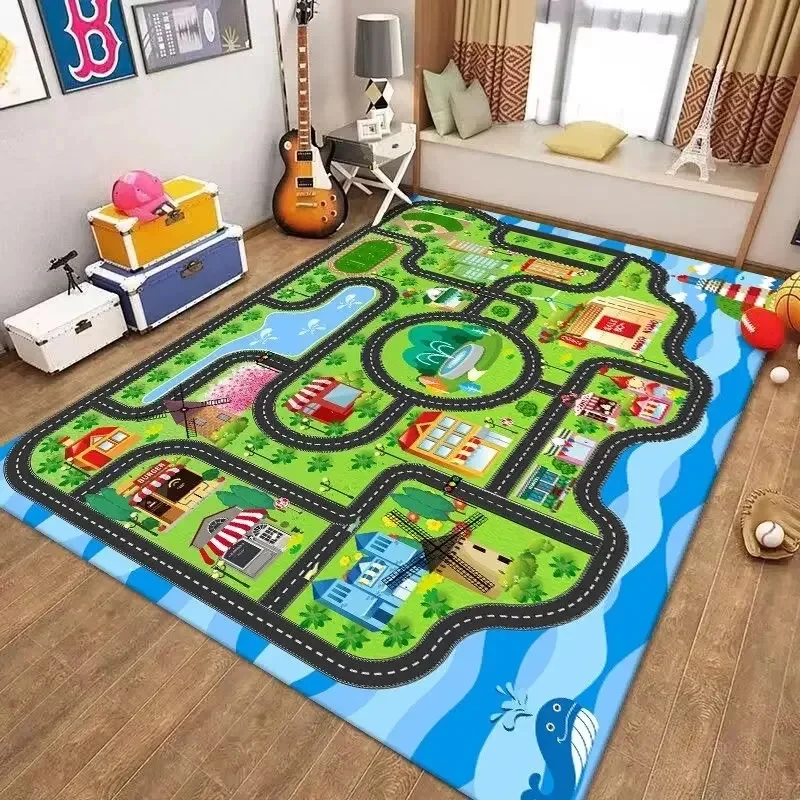 VIKAMA Kids City Road Play Mat Cartoon Traffic Track Parking Lot Print Soft Non Slip Large Playroom Bedroom Floor Carpet