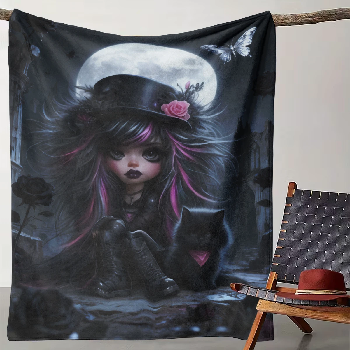

1 dark and beautiful full moon goth girl blanket black cat ruins art blanket niche dark style decorative blanket suitable