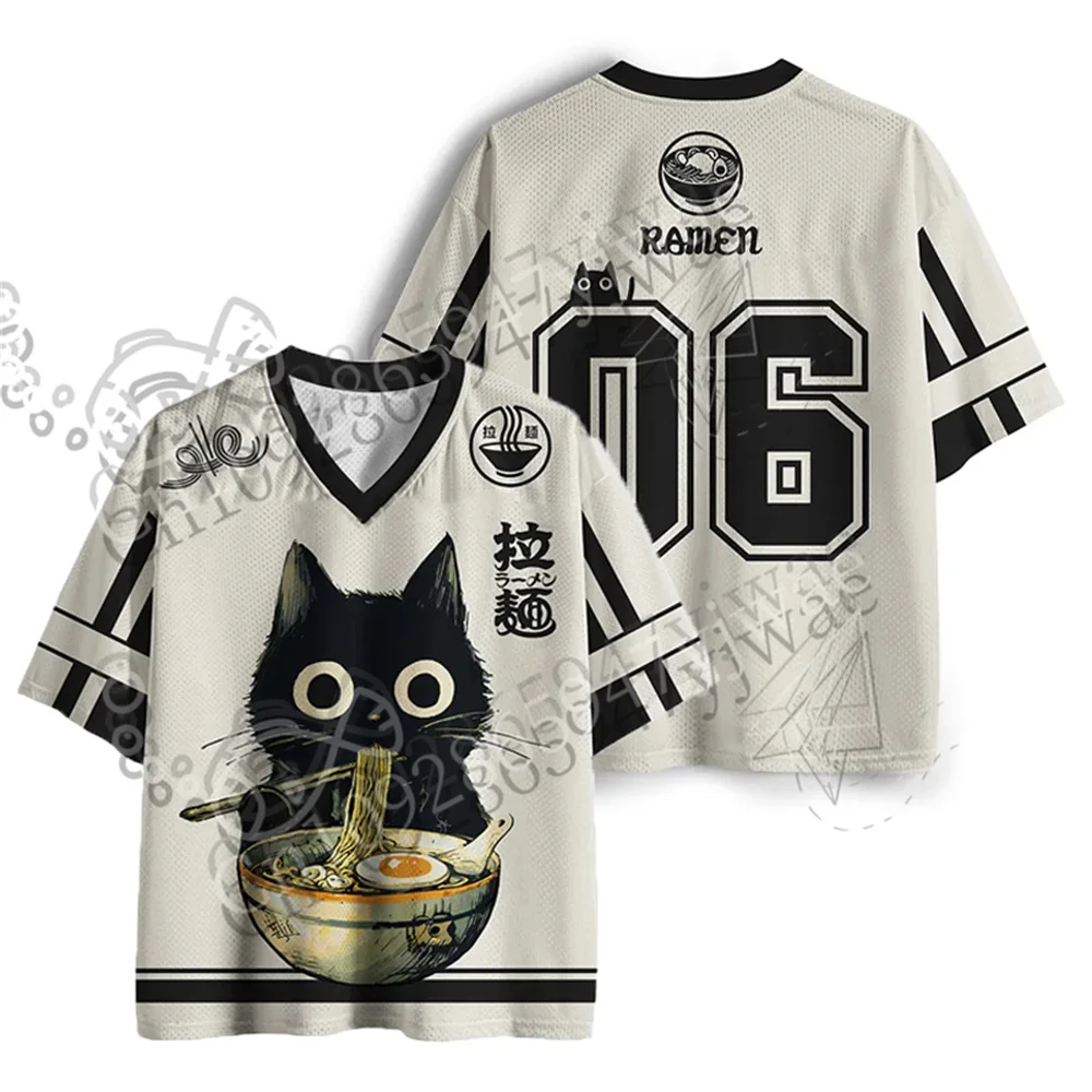 Cat Eating Lamian Noodles Japanese Retro 3d Graphic Printed Jersey V-Neck Fashionable Y2k Streetwear Summer Men Women T-Shirt