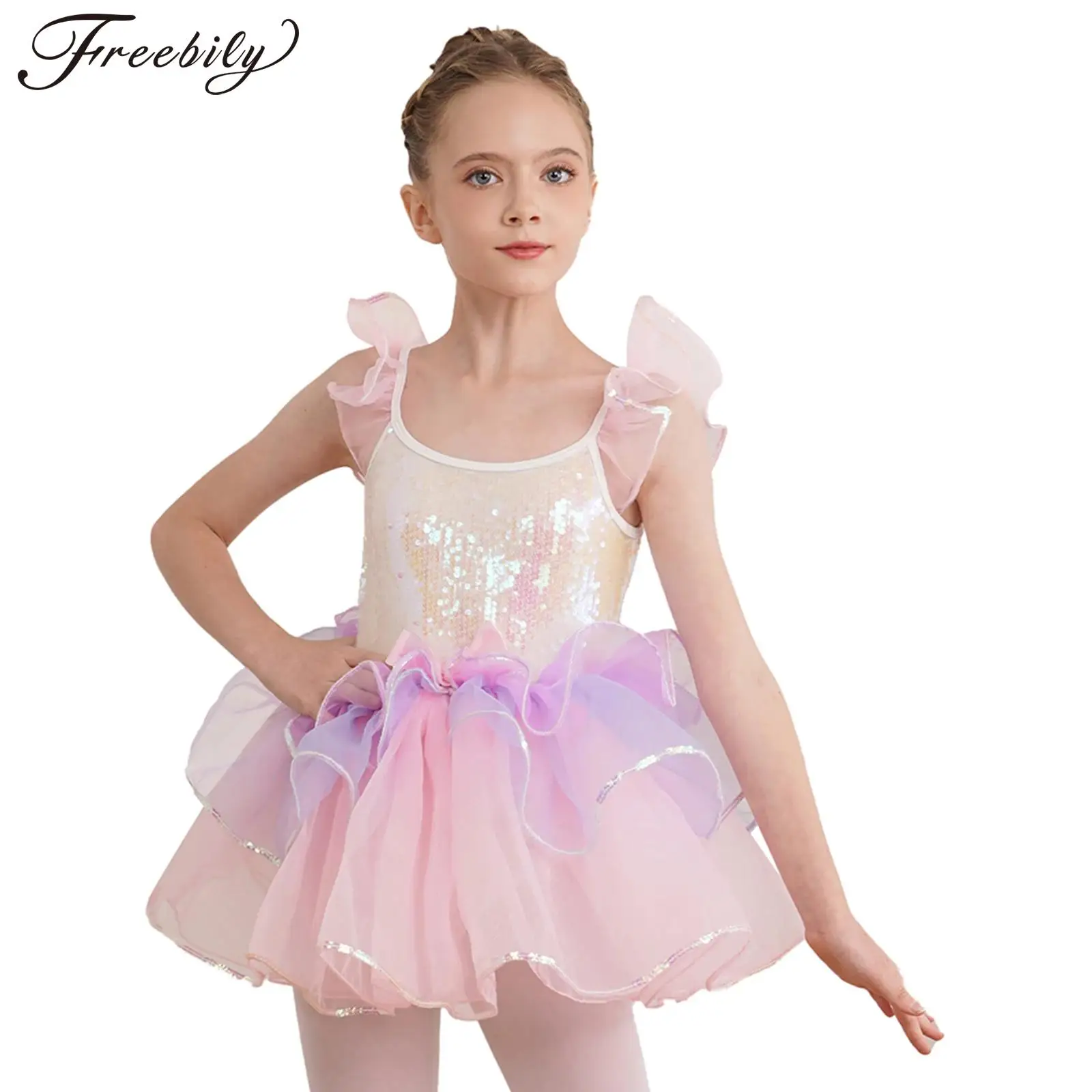 

Kids Girls Ballet Tutu Dress Ruffled Sleeve Sequins Bowknot Tiered Dresses Birthday Party Dance Performance Ballerina Costumes