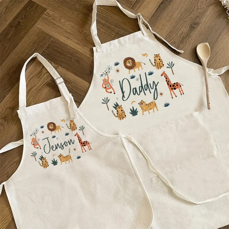 Personalised Jungle  animals themed Family boy girl Adult Apron set Christmas birthday decoration mommy daddy grandma Kid gift