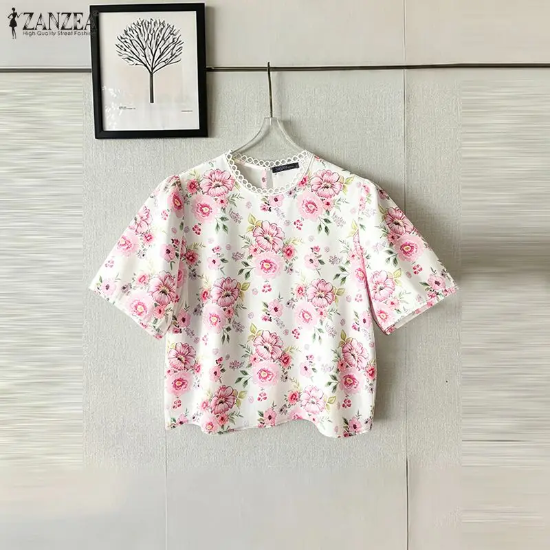 

ZANZEA Women's Floral Print Blouses Vintage Lace Trim O-Neck Half Sleeves Pullover Tops 2026 Summer Elegant Blusas de Mujer
