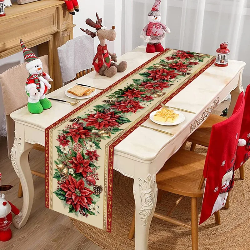 Vintage Christmas Table Runner Red Flower Merry Christmas Decoration for Home 2025 Kitchen Dinning Tablecloth Navidad Decor