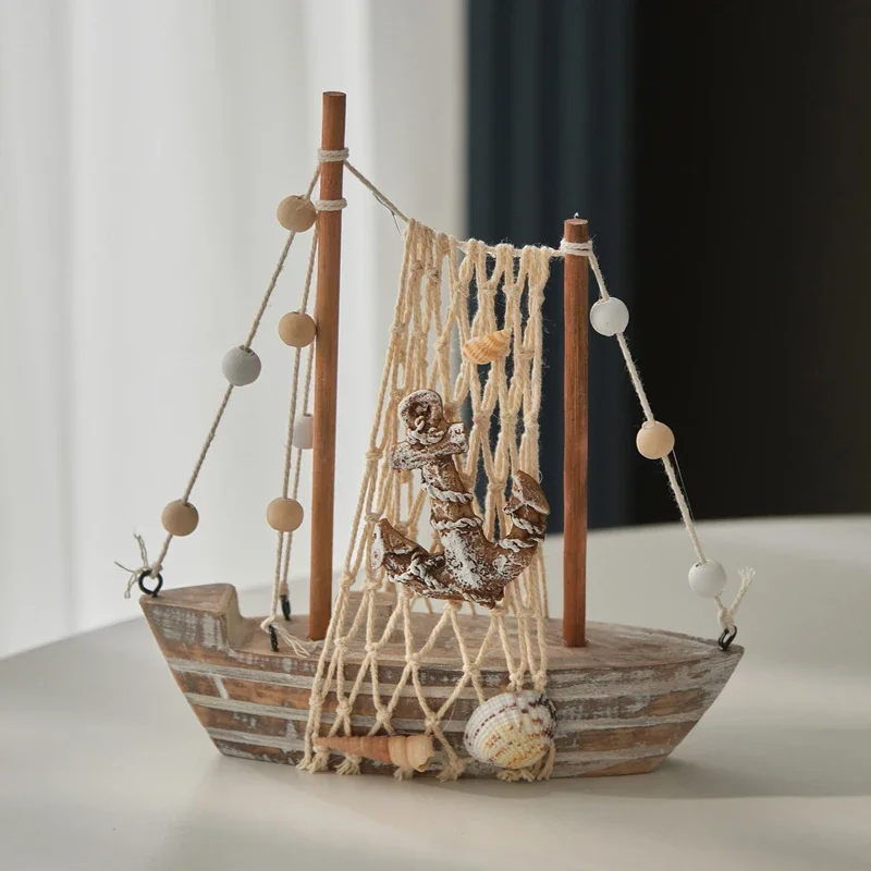 1pc Mediterranean Style Marine Nautical Wooden Three-dimensional Sailing Boat Wood Crafts Ornaments Party Room Home Decoration
